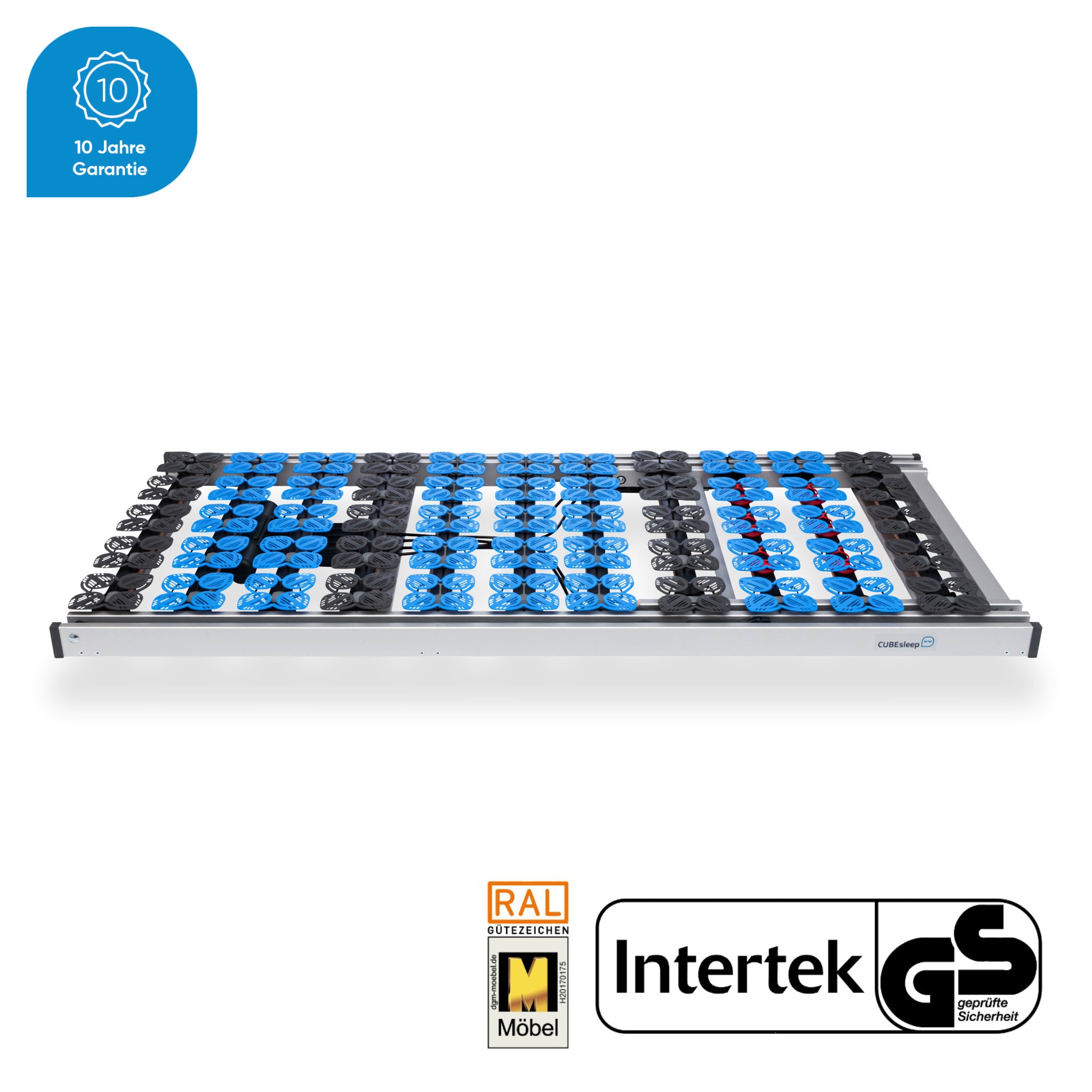 CUBEsleep Lattenrost CLOUD Anti-Reflux in der Seitenansicht mit Icon "10 Jahre Garantie", RAL Möbel Gütesiegel und GS Intertek Logo
