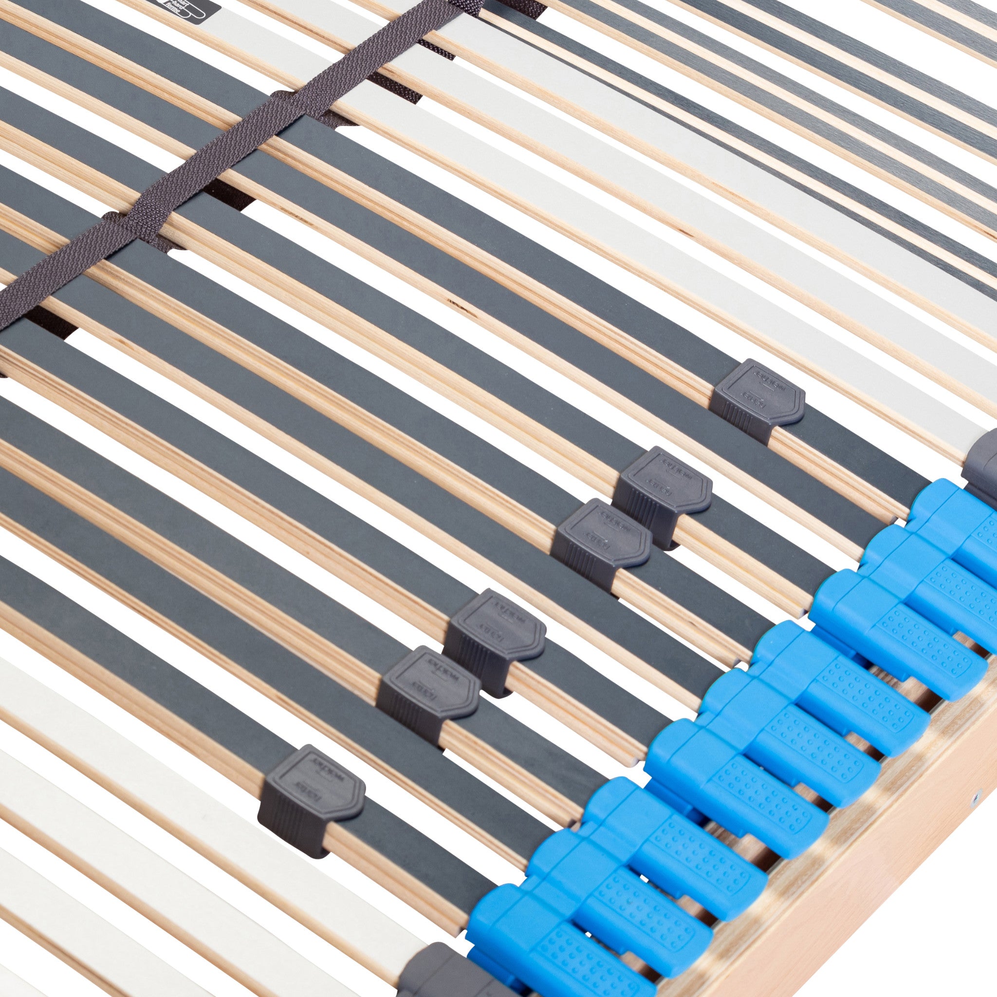 Federleisten mit Verstellschiebern des CUBEsleep PURE ECO Lattenrosts mit Bettkastenfunktion