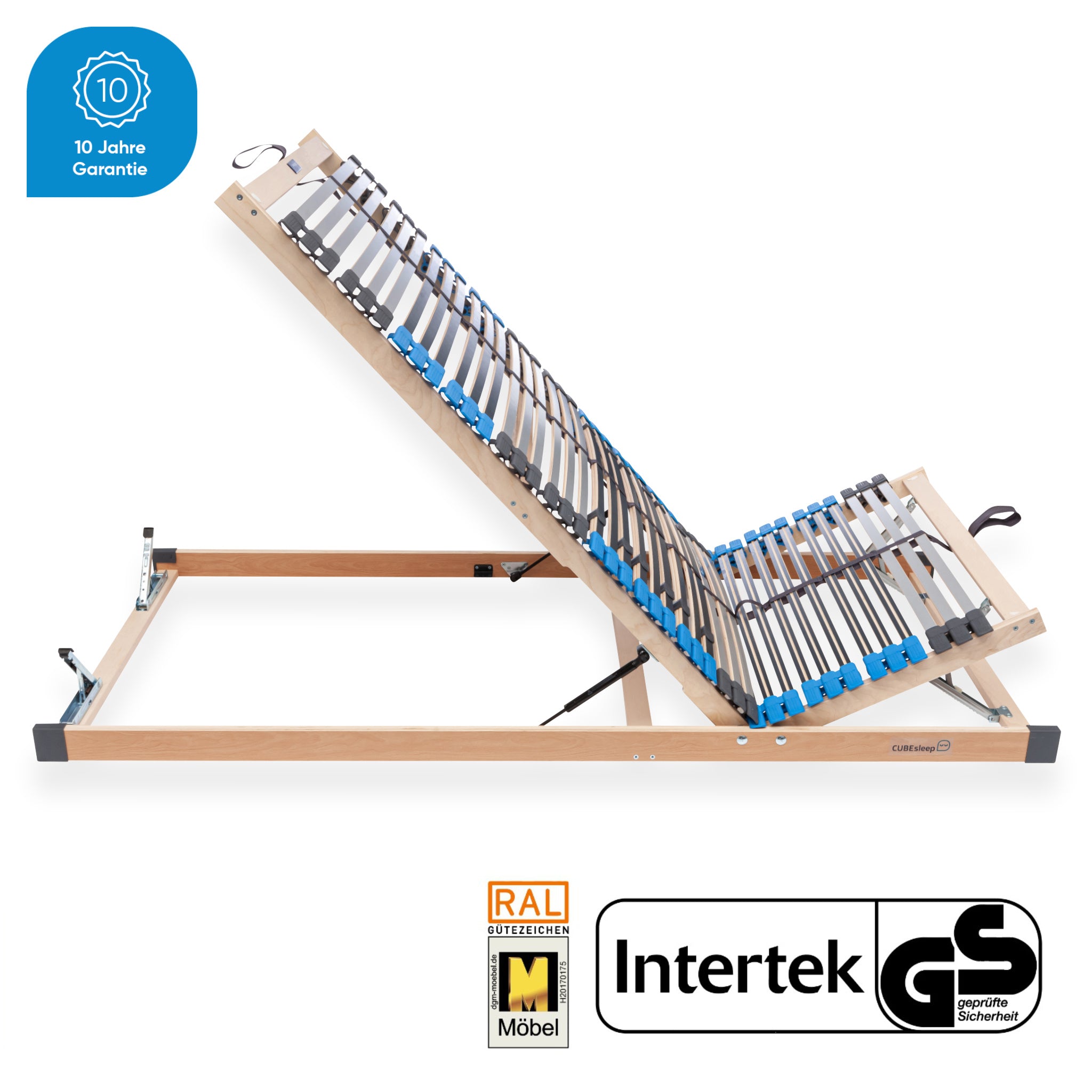 CUBEsleep PURE ECO Lattenrost mit Bettkastenfunktion seitlich abgebildet mit hochgestelltem Kopf- und Fußteil, Abbildung 10 Jahre Garantie Icon und RAL Möbel sowie Intertek GS Logo
