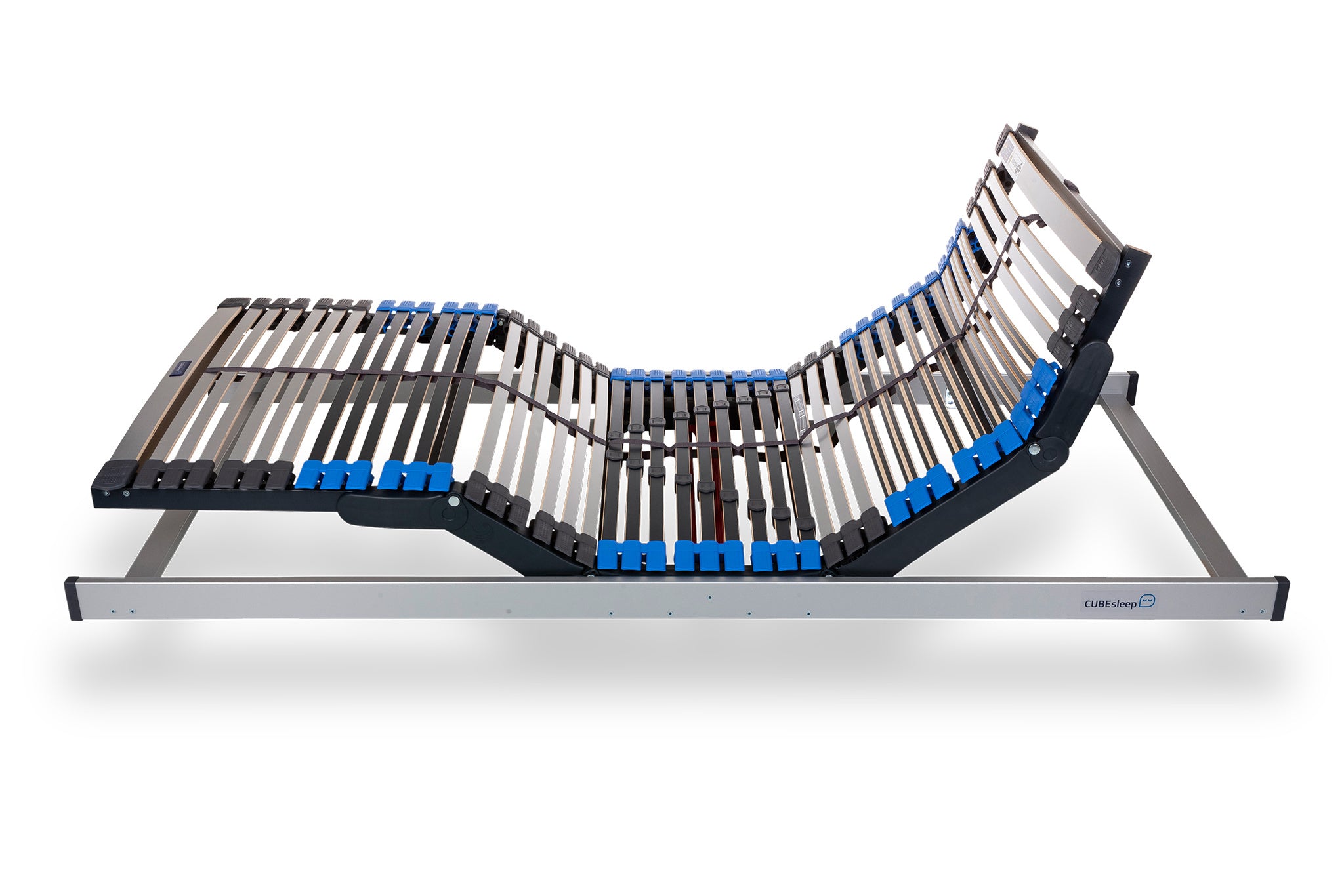 CUBEsleep elektrisch verstellbarer Motor Lattenrost PURE mit hochgestelltem Kopf- und Fußteil seitlich abgebildet