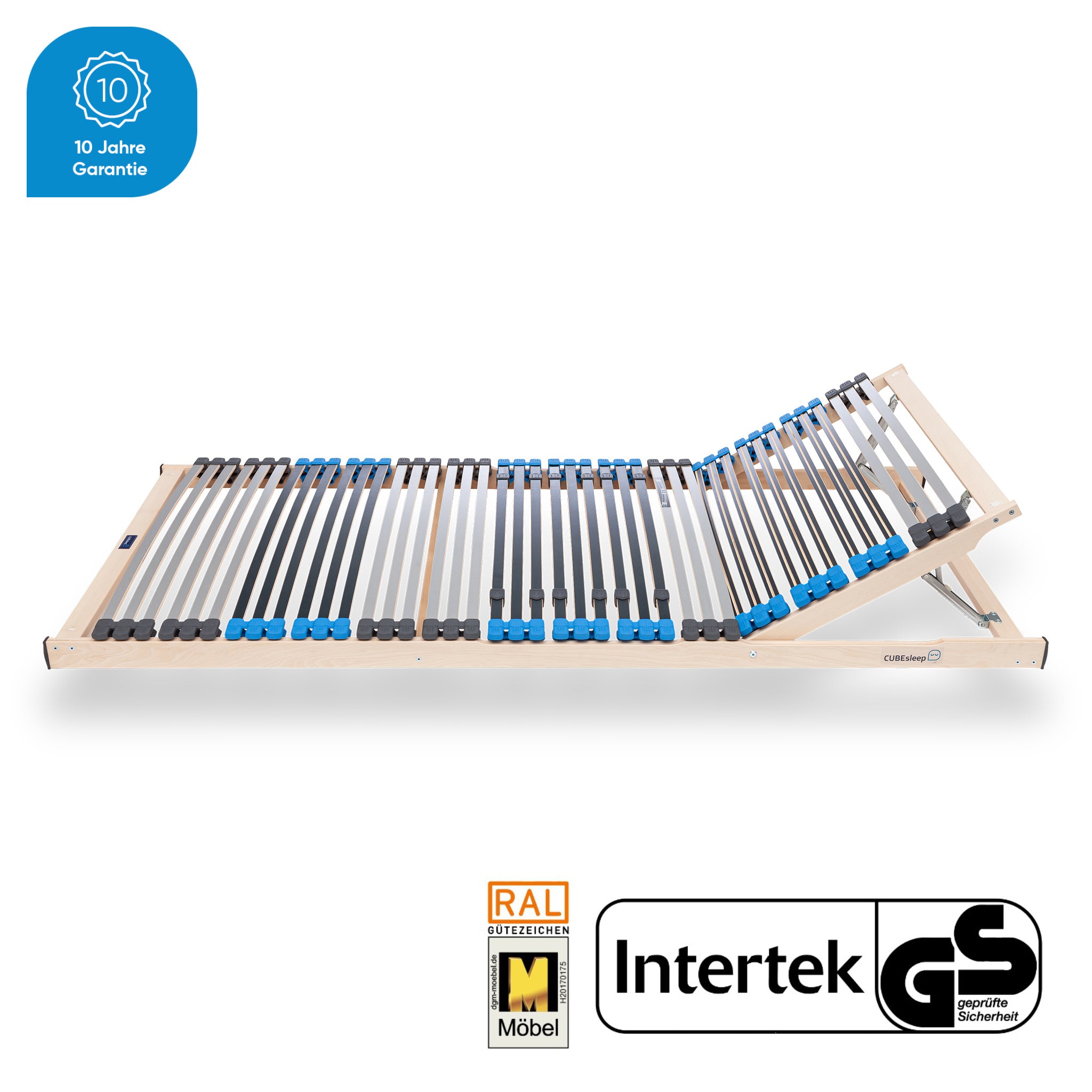 CUBEsleep PURE ECO Lattenrost seitlich mit hochgestelltem Kopfteil, 10 Jahre Garantie Icon und RAL Möbel sowie Intertek GS Logos