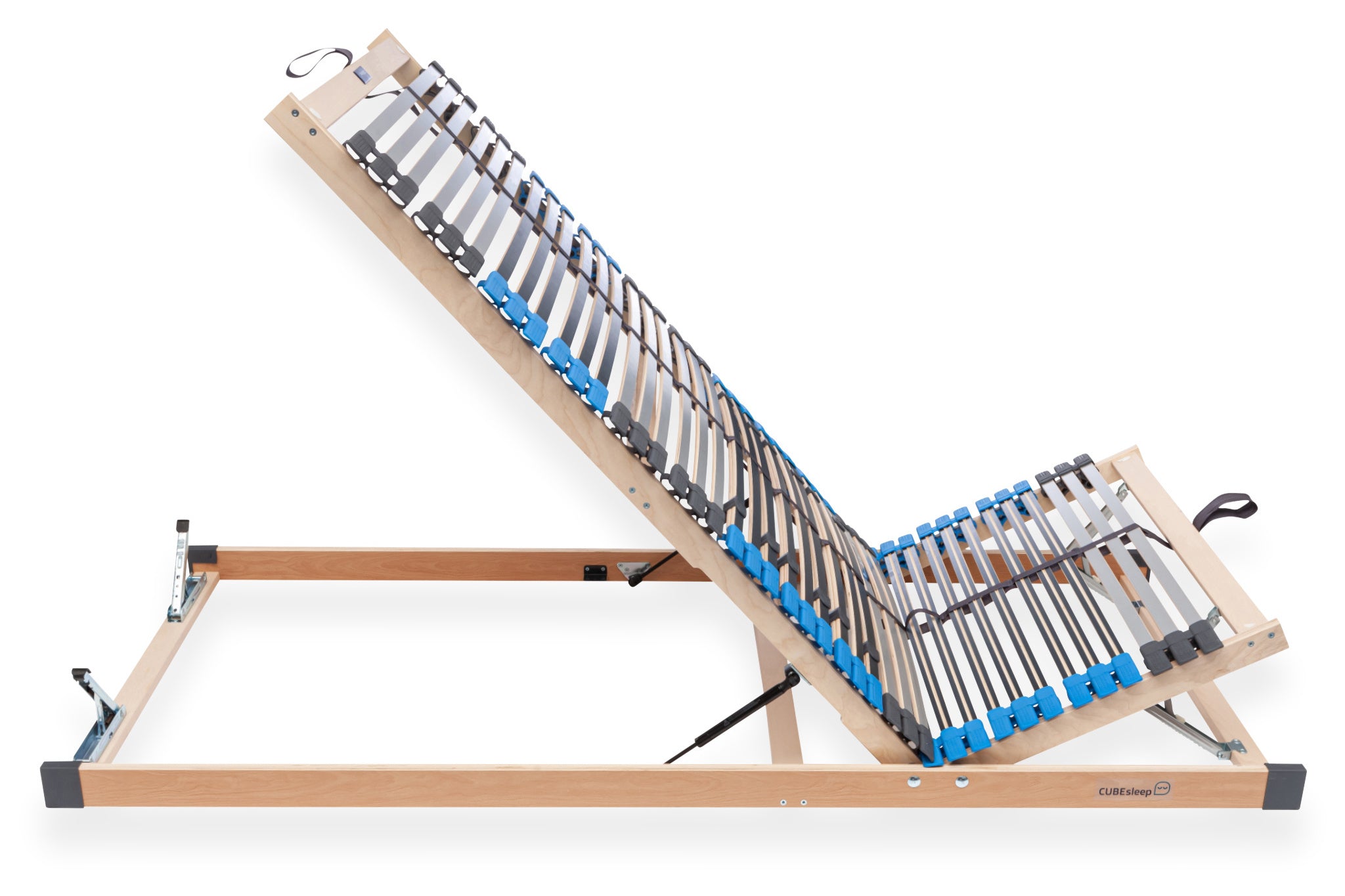 CUBEsleep Lattenrost PURE ECO mit Bettkastenfunktion, mit hochgestelltem Kopf- und Fußteil seitlich abgebildet