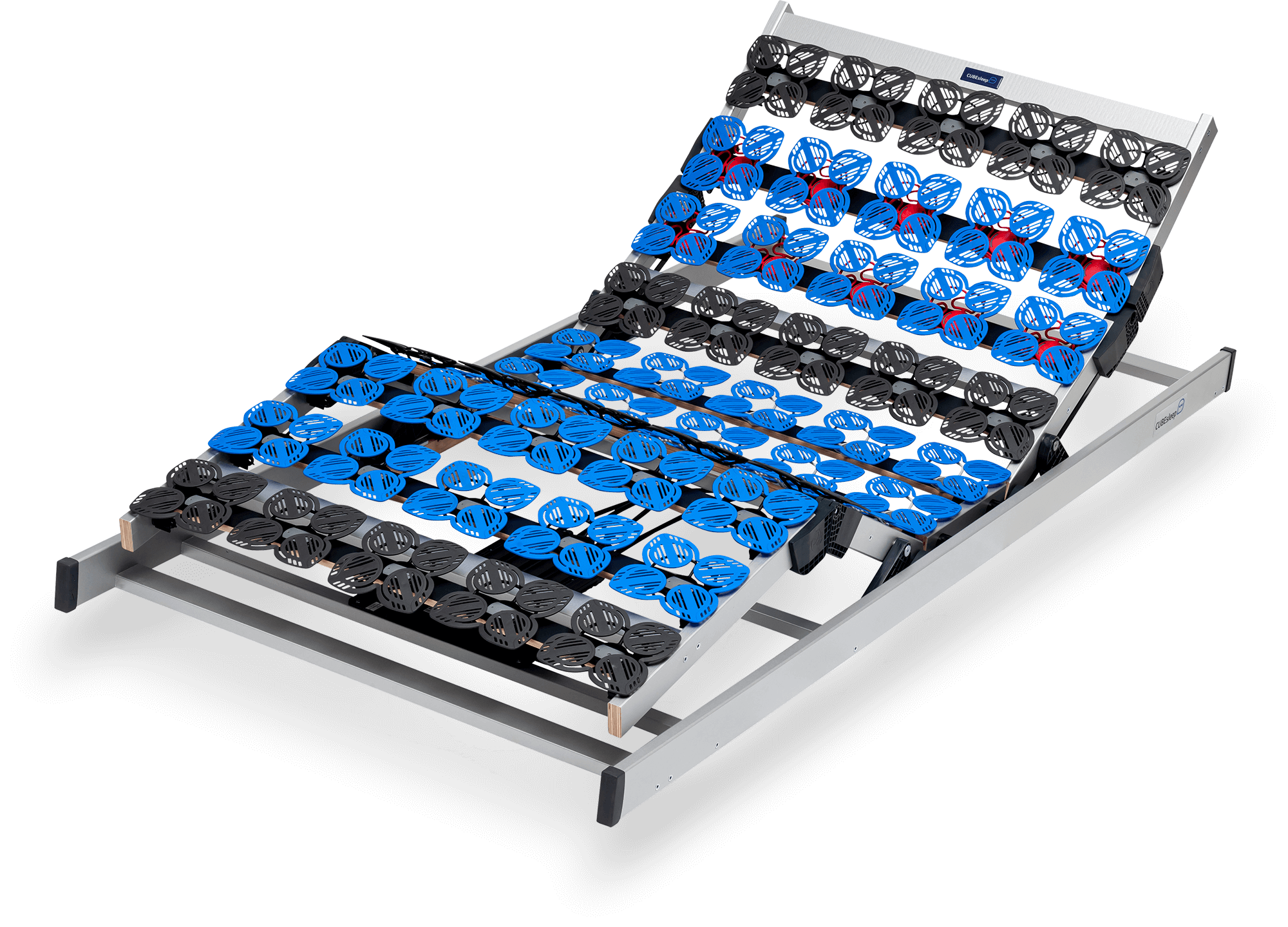 CUBEsleep Seitenansicht des elektrischen Motor-Lattenrost Cloud mit Tellerfedern, hochgestelltes Kopf- und Fußteil